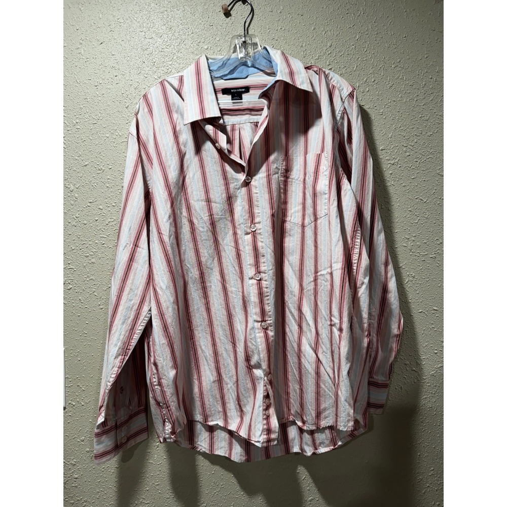 Metro Exchange Mens Large Red White Blue Striped Long Sleeve Button Down Shirt